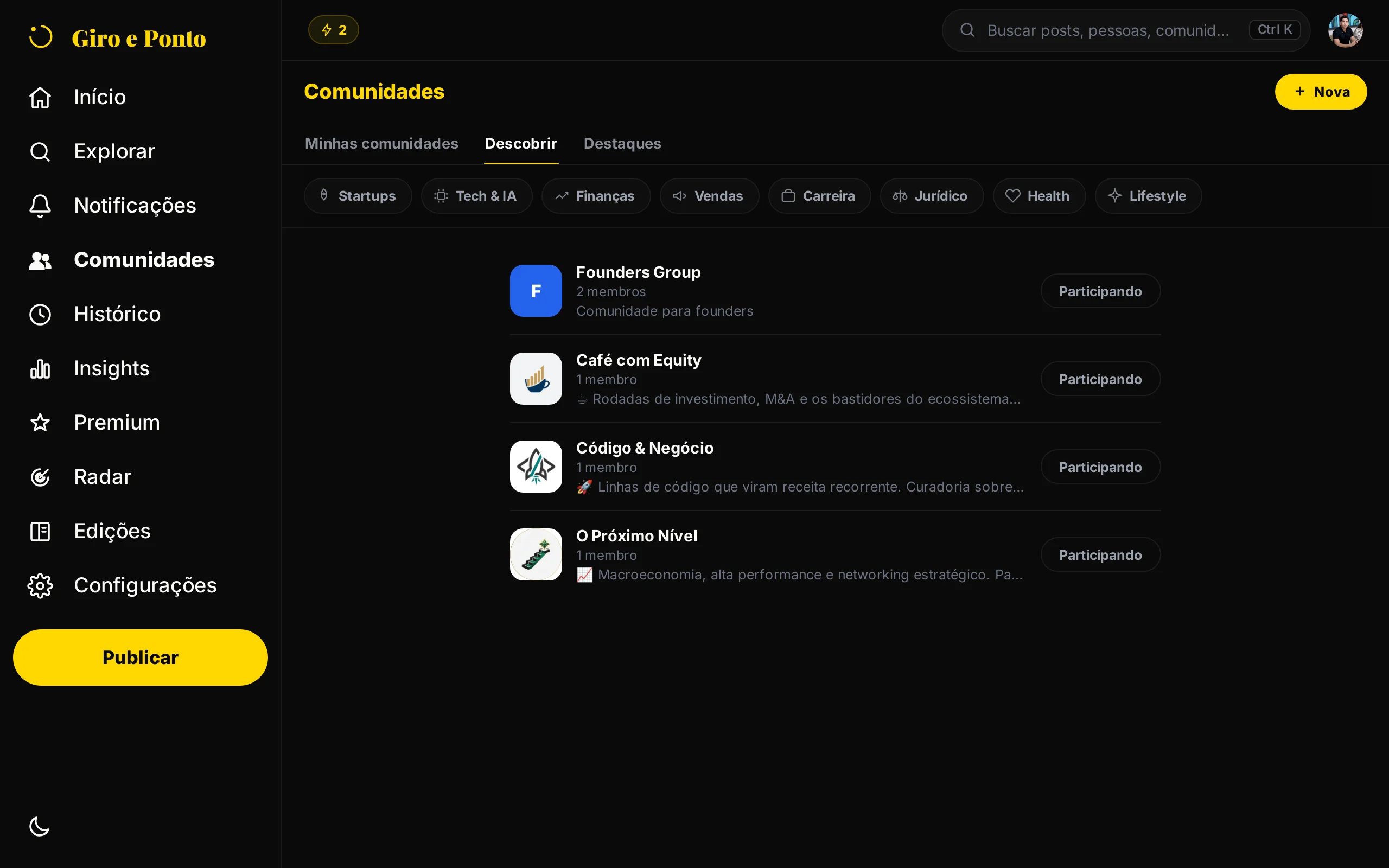 Captura do app Giro e Ponto no computador: a lista de comunidades