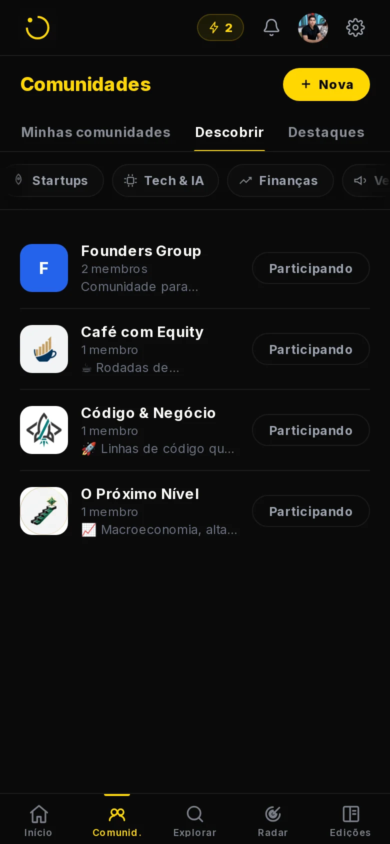 Captura do app Giro e Ponto no celular: a lista de comunidades