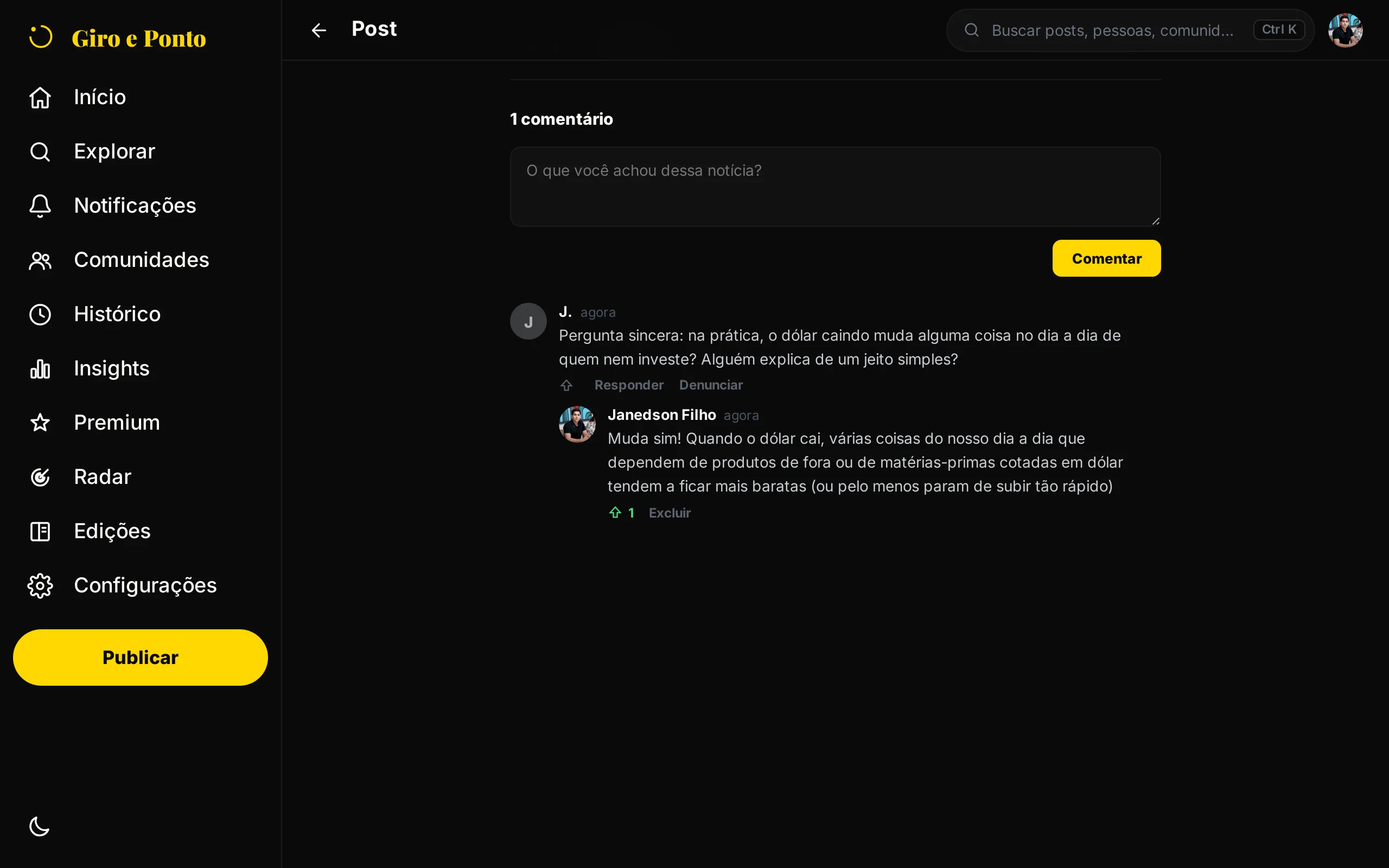 Captura do app Giro e Ponto no computador: um post com a conversa nos comentários