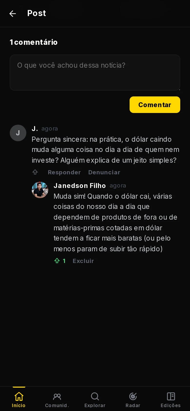 Captura do app Giro e Ponto no celular: um post com a conversa nos comentários