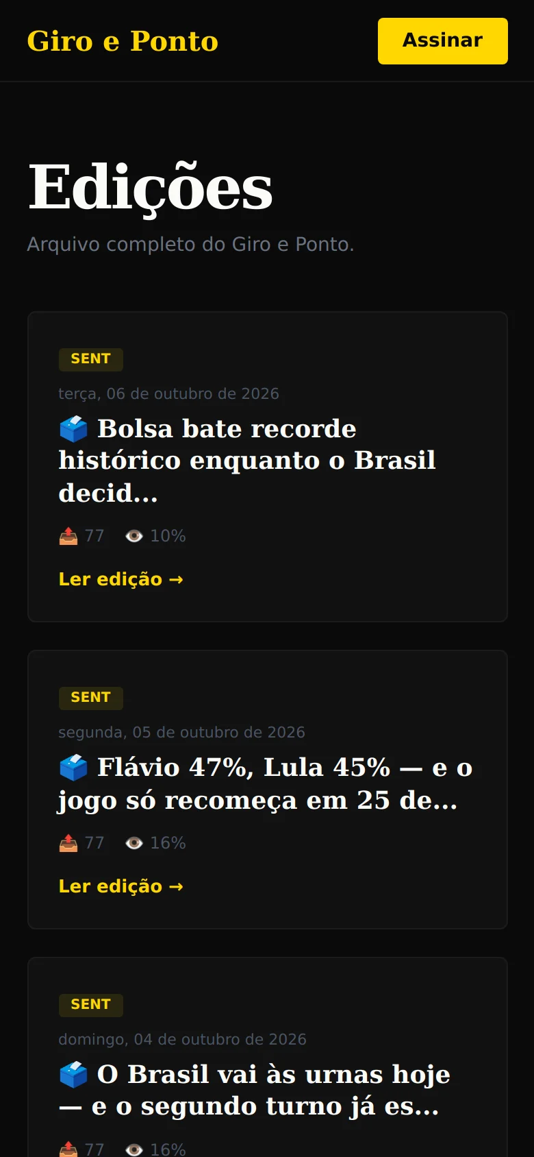 Captura do app Giro e Ponto no celular: a lista de edições da newsletter
