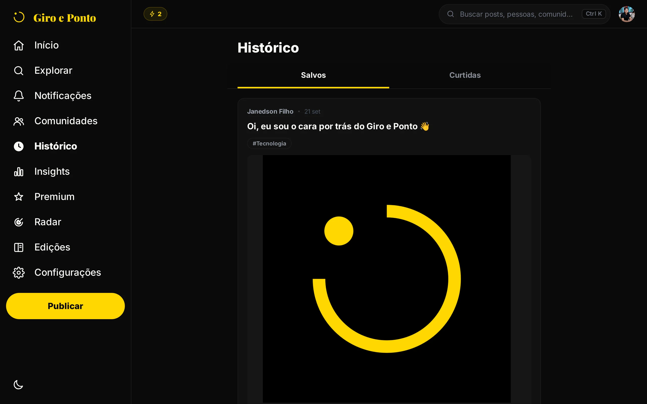 Captura do app Giro e Ponto no computador: os posts salvos no Histórico