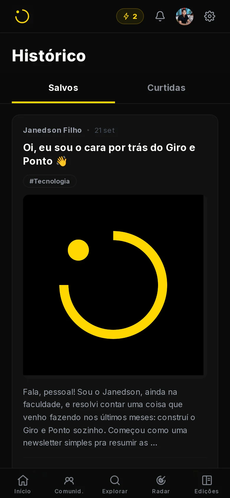Captura do app Giro e Ponto no celular: os posts salvos no Histórico