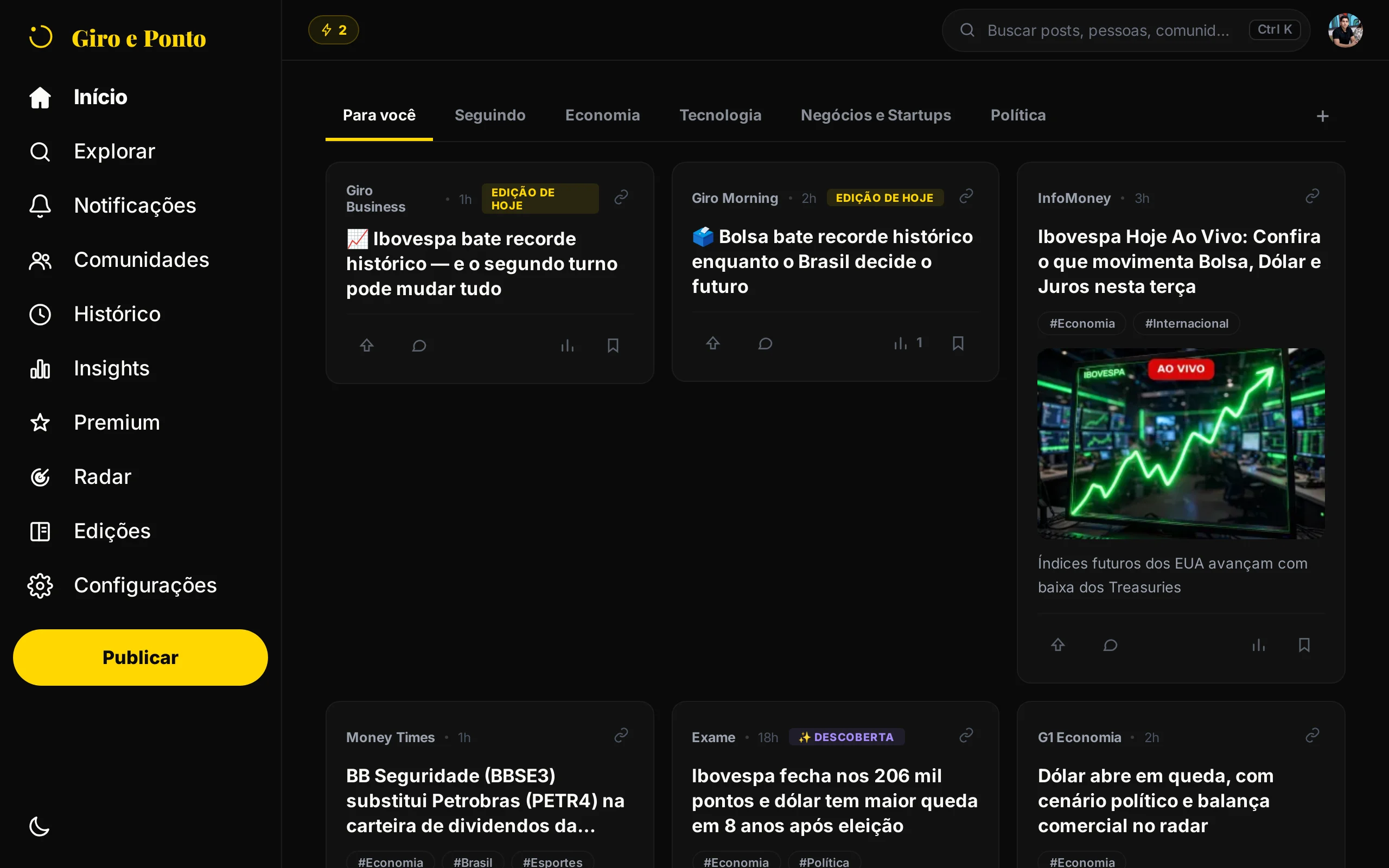 Captura do app Giro e Ponto no computador: o feed Para você