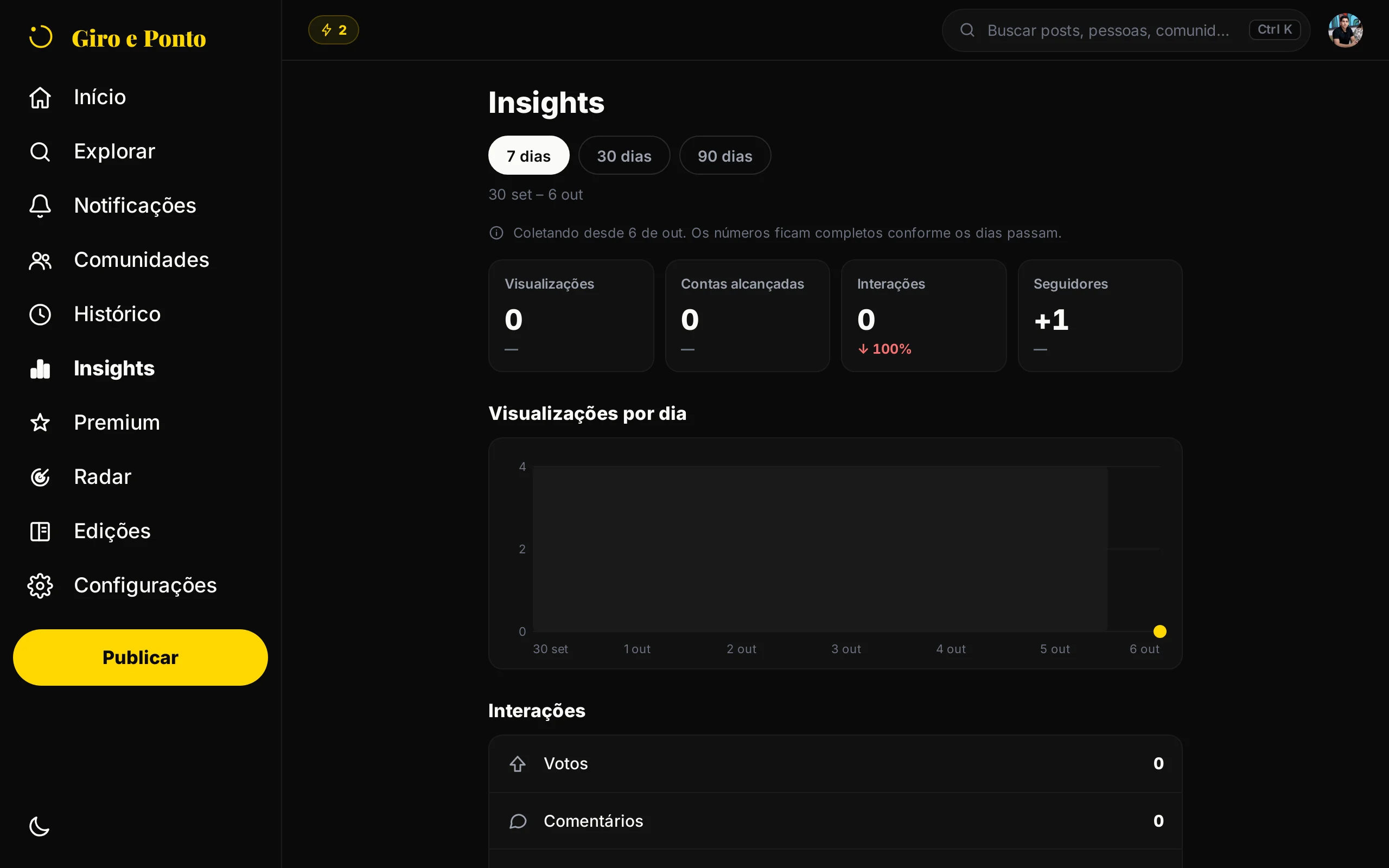Captura do app Giro e Ponto no computador: o painel de Insights