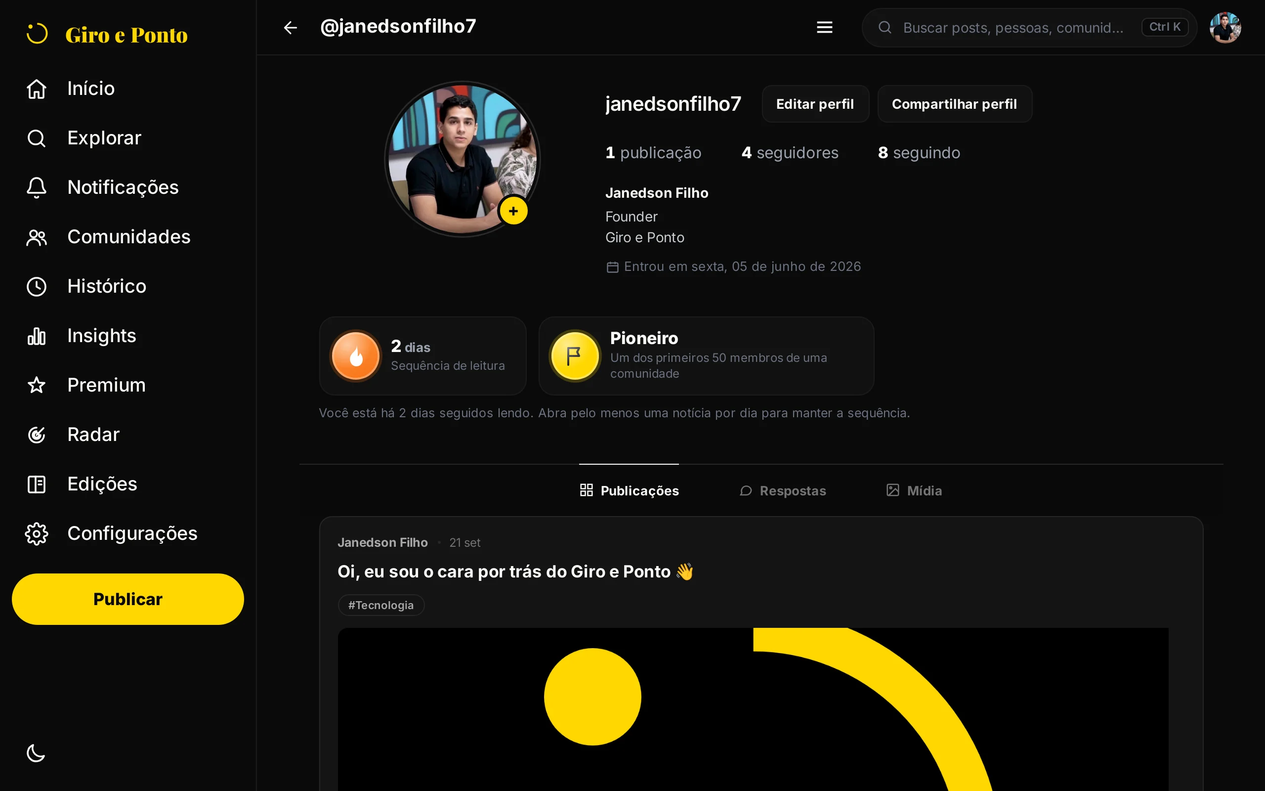 Captura do app Giro e Ponto no computador: um perfil
