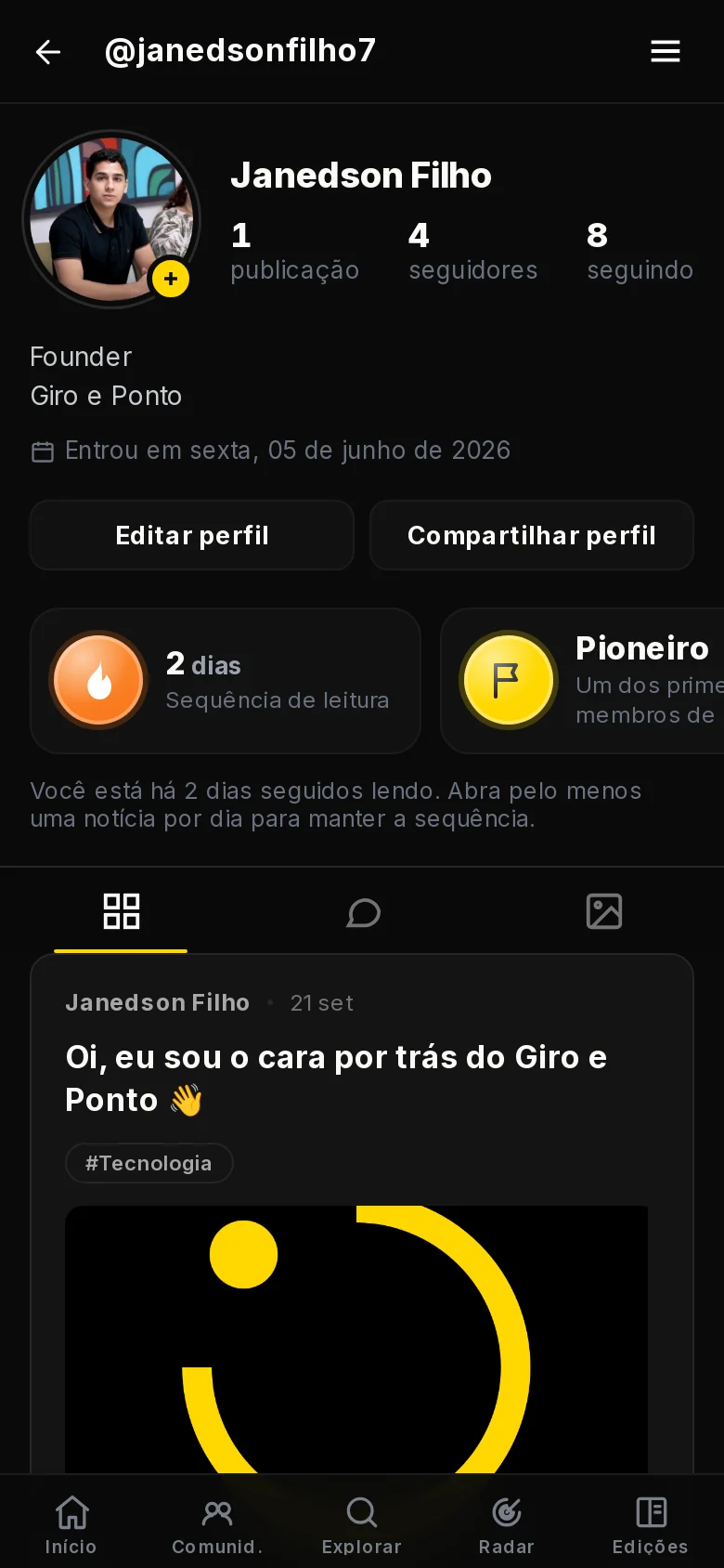 Captura do app Giro e Ponto no celular: um perfil