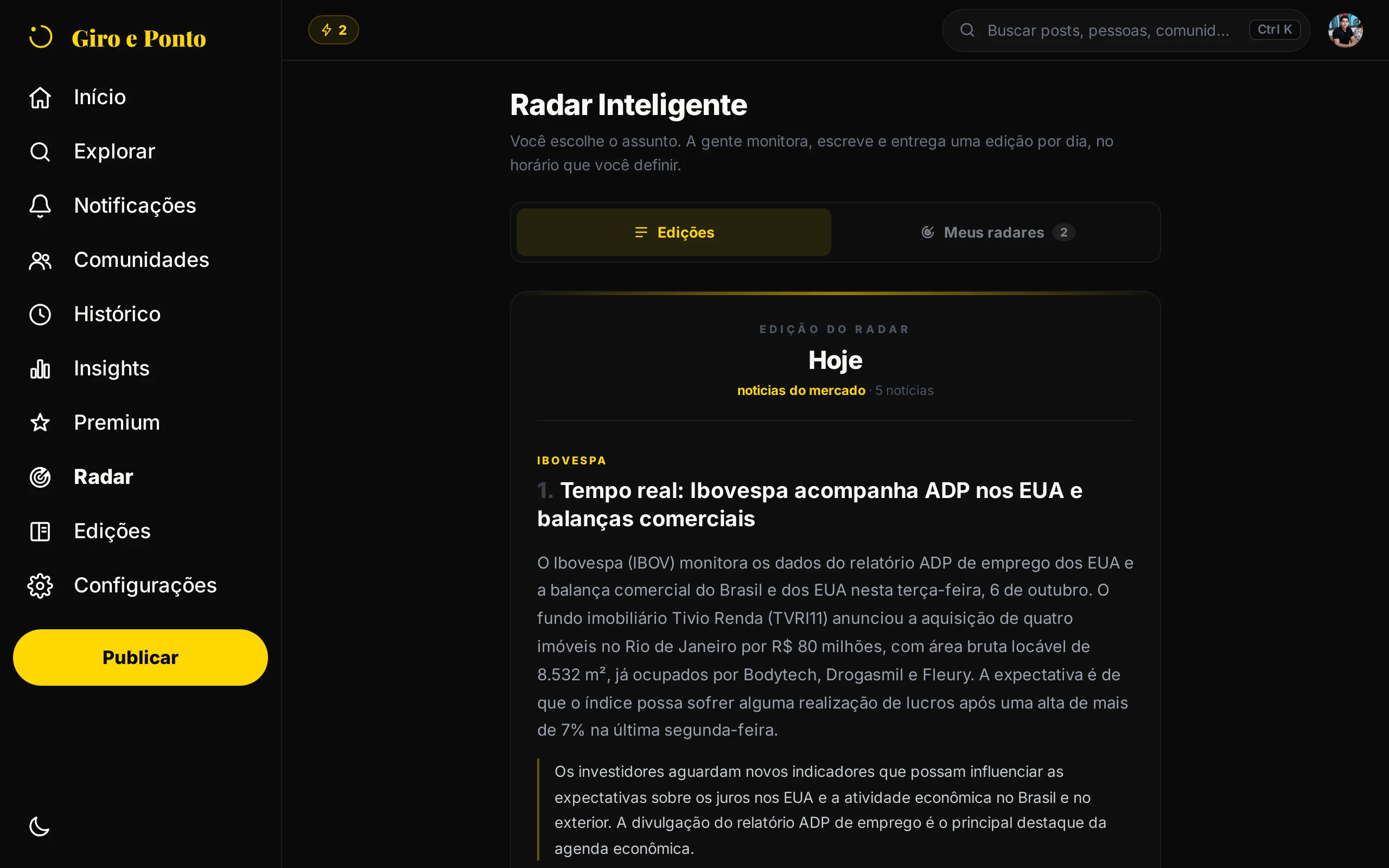 Captura do app Giro e Ponto no computador: o Radar